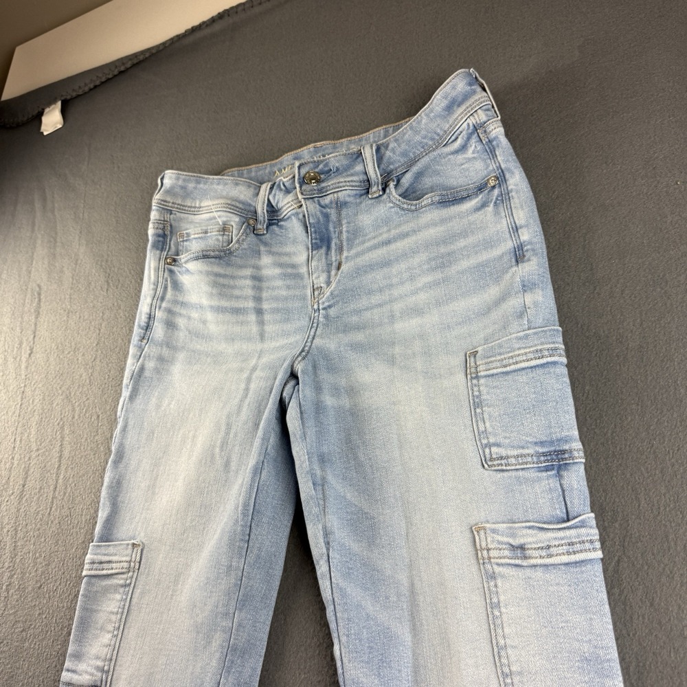 American Eagle Jeans Women's 8 Blue Kick Boot Cargo Pockets Light Wash Whiskered